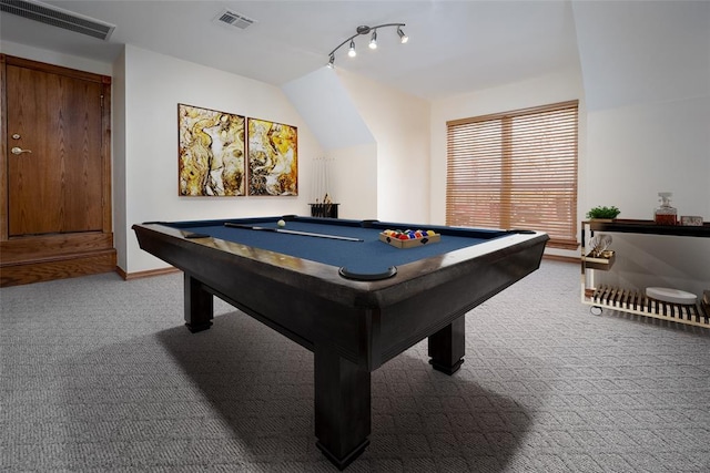 playroom with carpet, visible vents, billiards, and lofted ceiling