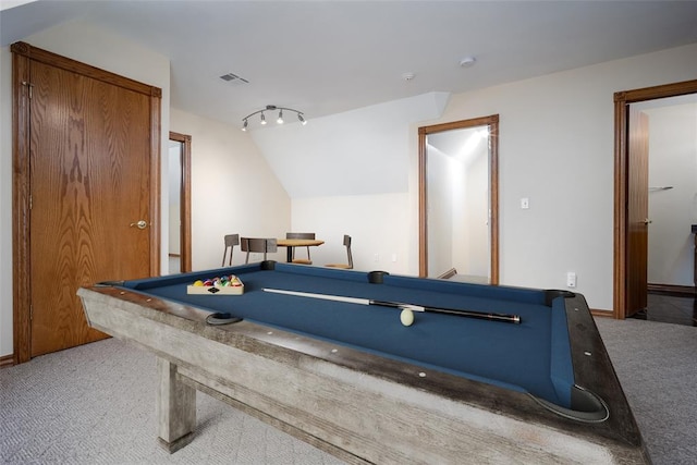 playroom with visible vents, pool table, carpet floors, and lofted ceiling
