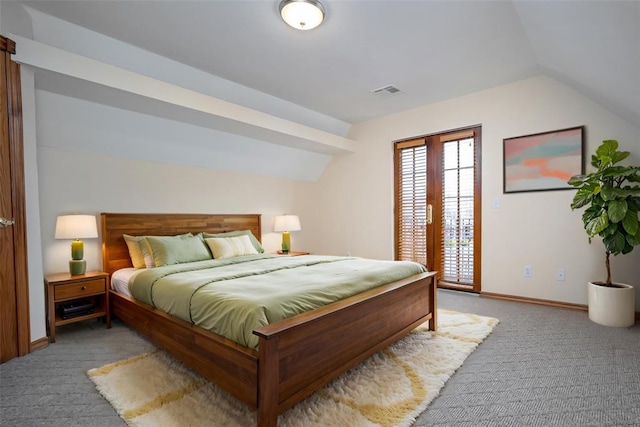 bedroom featuring visible vents, light carpet, access to exterior, lofted ceiling, and baseboards