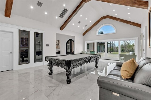 playroom featuring visible vents, beam ceiling, billiards, high vaulted ceiling, and marble finish floor