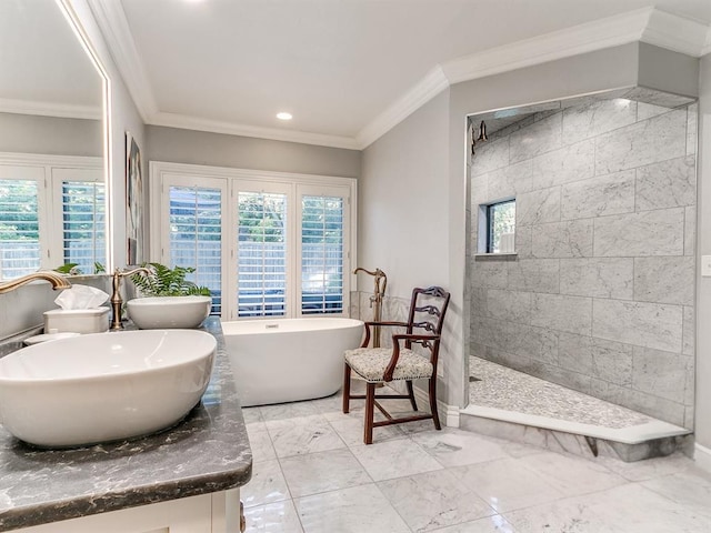 1821 Coventry Ln, Nichols Hills, OK 73120 - bathroom with ornamental molding, a walk in shower, a freestanding tub, double vanity, and recessed lighting