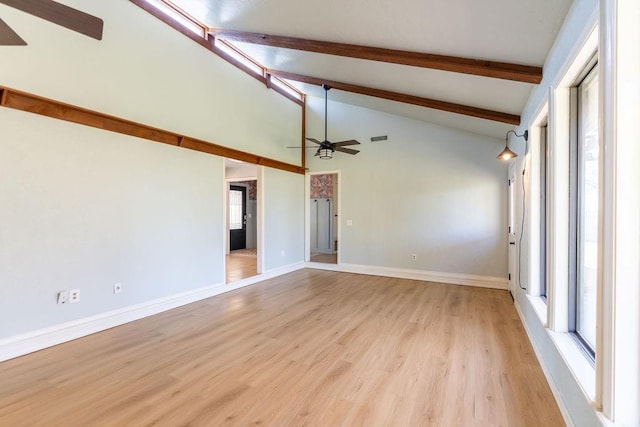 spare room featuring ceiling fan, beamed ceiling, light wood-style flooring, visible vents, and baseboards