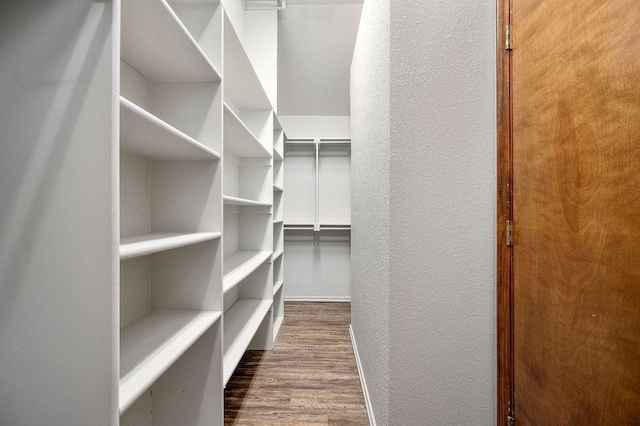 walk in closet with dark wood-style flooring