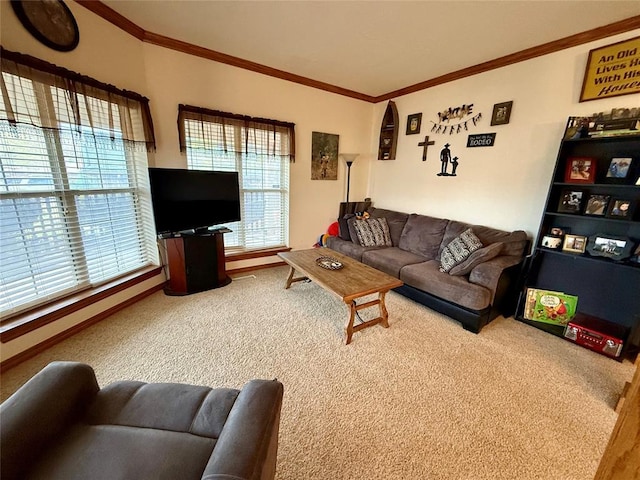 carpeted living room with ornamental molding