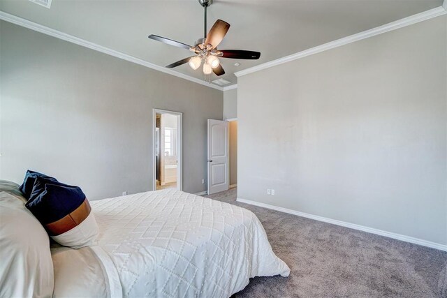 bedroom with baseboards, ornamental molding, ensuite bathroom, a ceiling fan, and carpet floors