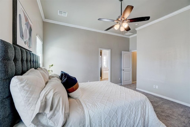 bedroom featuring carpet flooring, baseboards, ornamental molding, and visible vents