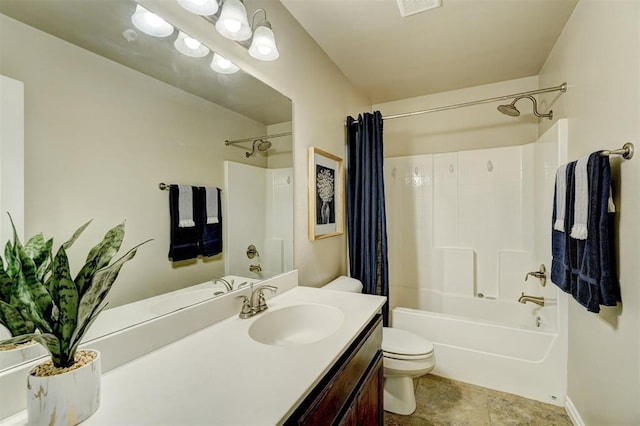 full bath featuring visible vents, toilet, shower / tub combo with curtain, and vanity