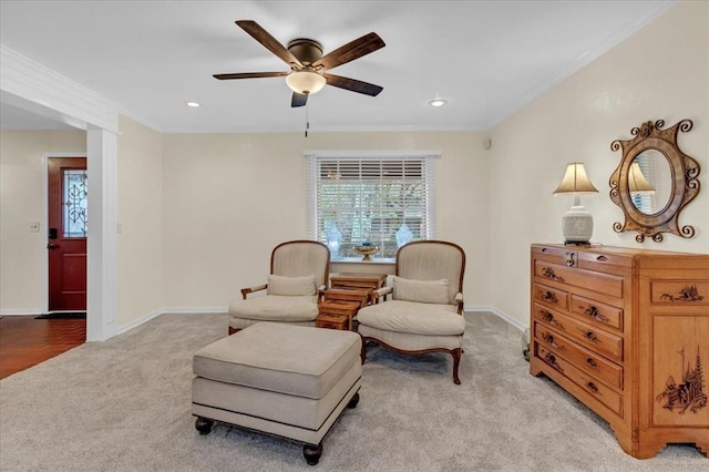 6706 N Woodward Dr, Oklahoma City, OK 73116 - sitting room with light colored carpet, ceiling fan, crown molding, recessed lighting, and baseboards