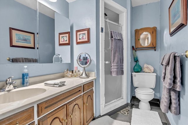 6706 N Woodward Dr, Oklahoma City, OK 73116 - bathroom with a stall shower, toilet, vanity, and tile patterned flooring