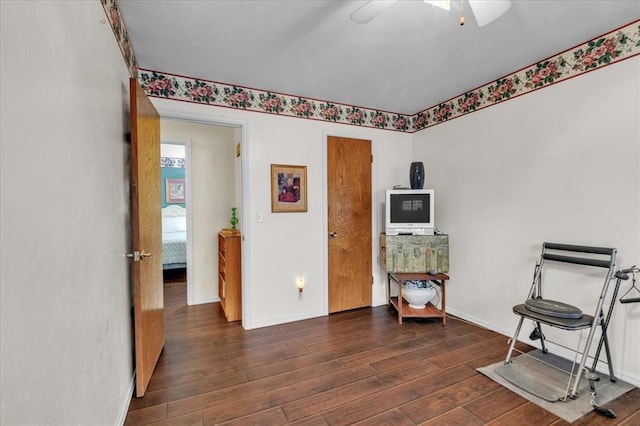 6706 N Woodward Dr, Oklahoma City, OK 73116 - living area featuring hardwood / wood-style flooring, ceiling fan, and baseboards