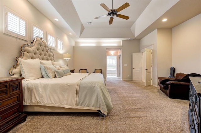 815 River View Dr, Norman, OK 73071 - bedroom with recessed lighting, carpet flooring, baseboards, visible vents, and ceiling fan