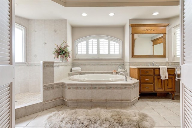815 River View Dr, Norman, OK 73071 - bathroom featuring tile patterned floors, a walk in shower, vanity, a bath, and recessed lighting