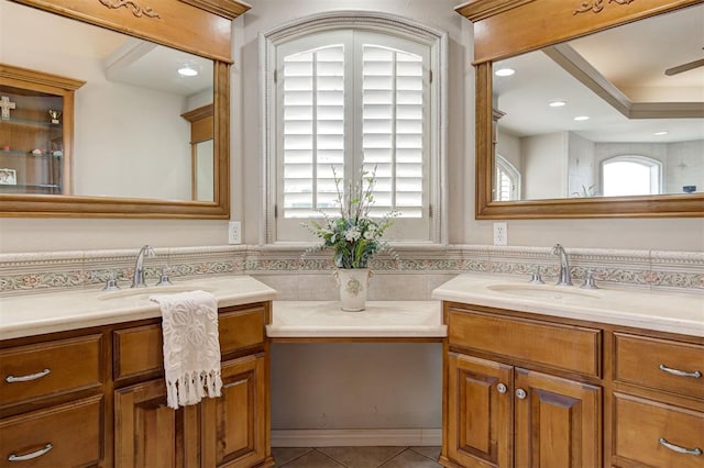 815 River View Dr, Norman, OK 73071 - full bath with tile patterned flooring, vanity, tile walls, recessed lighting, and wainscoting