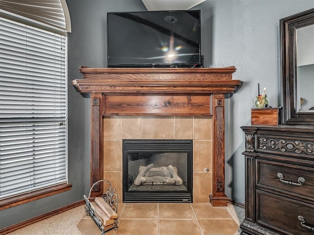 details with a fireplace and baseboards