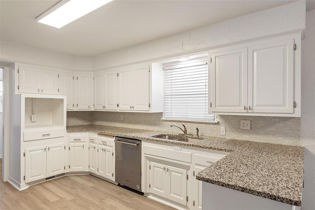 6200 N Styll Rd, Oklahoma City, OK 73112 - kitchen with stainless steel dishwasher, stone countertops, light wood-type flooring, and white cabinets