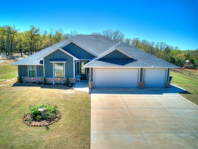 21608 SE 95th St, Mcloud, OK 74851 - ranch-style house featuring a garage, roof with shingles, driveway, brick siding, and board and batten siding