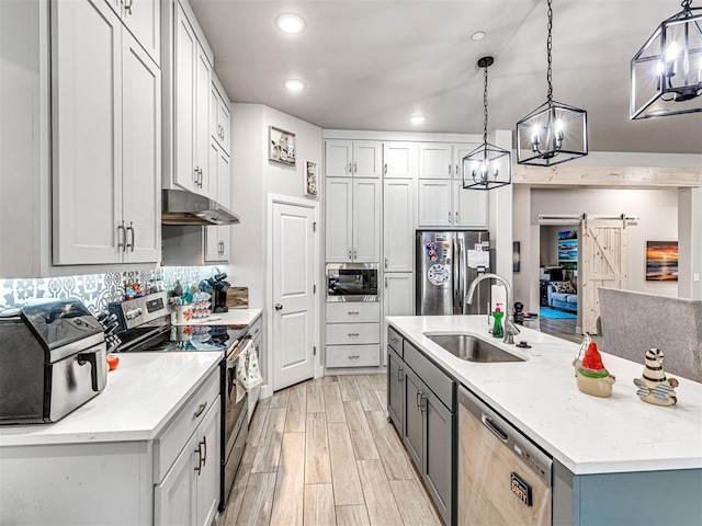 21608 SE 95th St, Mcloud, OK 74851 - kitchen with stainless steel appliances, a sink, a barn door, under cabinet range hood, and light wood finished floors