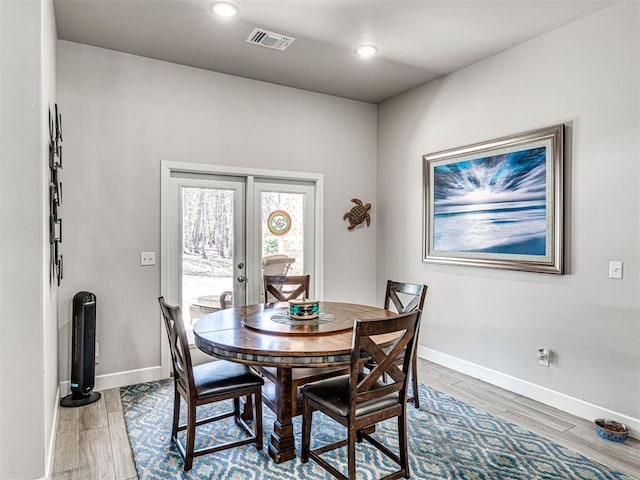 21608 SE 95th St, Mcloud, OK 74851 - dining space featuring baseboards, light wood finished floors, french doors, and recessed lighting