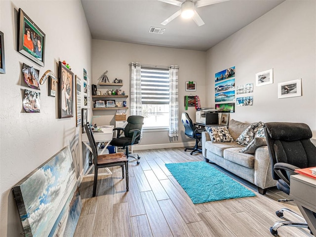 21608 SE 95th St, Mcloud, OK 74851 - office featuring a ceiling fan, wood finished floors, and baseboards