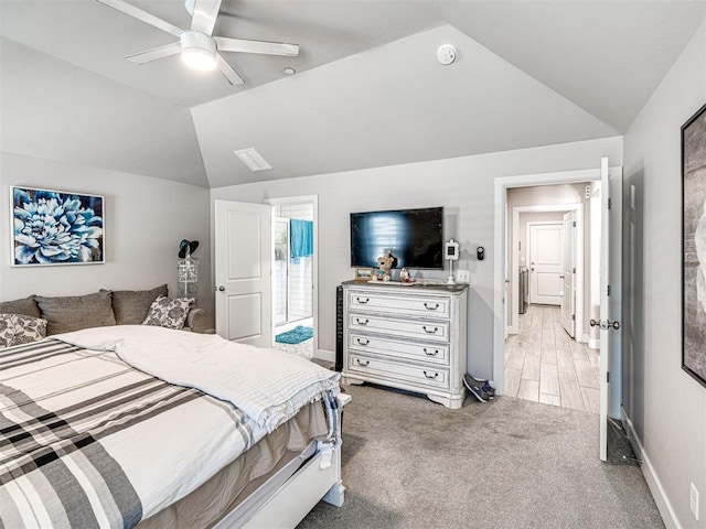 21608 SE 95th St, Mcloud, OK 74851 - bedroom featuring vaulted ceiling, light colored carpet, baseboards, and ceiling fan