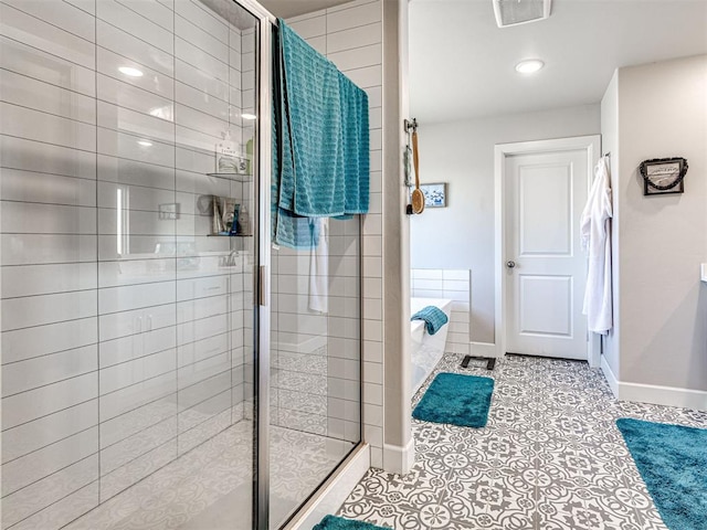 21608 SE 95th St, Mcloud, OK 74851 - full bathroom with a shower stall, baseboards, tile patterned flooring, a tub, and recessed lighting