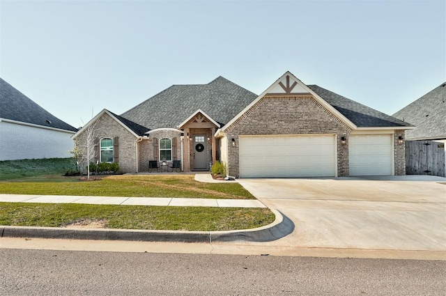 view of front of home featuring roof with shingles, a front yard, brick siding, a garage, and driveway