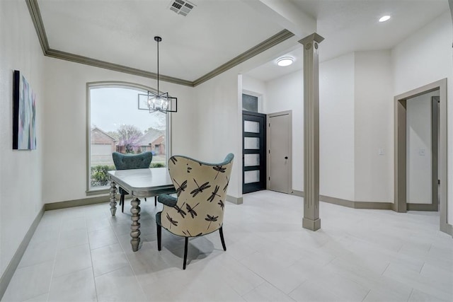 dining room featuring crown molding, ornate columns, an inviting chandelier, baseboards, and visible vents