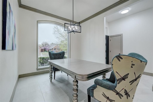 dining area featuring light tile patterned flooring, crown molding, baseboards, and a chandelier
