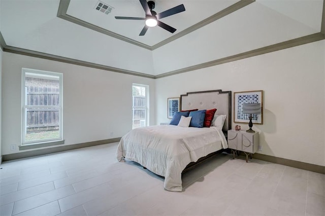 bedroom with ornamental molding, baseboards, ceiling fan, and visible vents