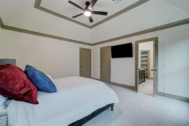 bedroom with baseboards, visible vents, and a ceiling fan