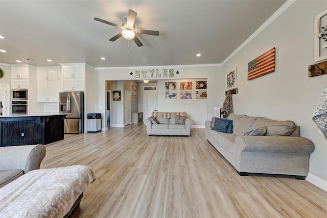 31352 Landrun Ave, Norman, OK 73072 - living room featuring ceiling fan, crown molding, baseboards, recessed lighting, and light wood-type flooring