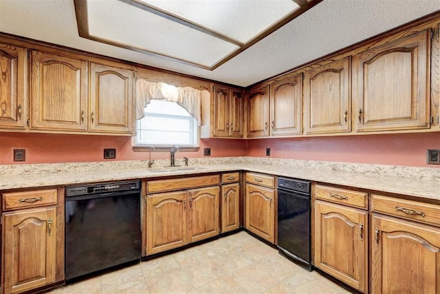 1809 W Aqua Clear Dr, Mustang, OK 73064 - kitchen with black dishwasher, brown cabinets, a sink, and a textured ceiling
