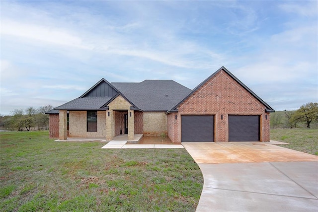 2040 County Road 1336, Blanchard, OK 73010 - view of front of house with a front yard, a garage, concrete driveway, brick siding, and roof with shingles