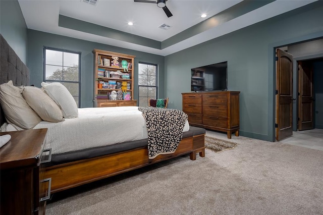 2040 County Road 1336, Blanchard, OK 73010 - carpeted bedroom with a tray ceiling, multiple windows, and visible vents