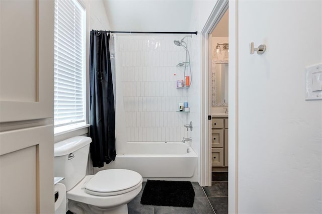 full bathroom with tile patterned floors, shower / bathtub combination with curtain, toilet, and vanity