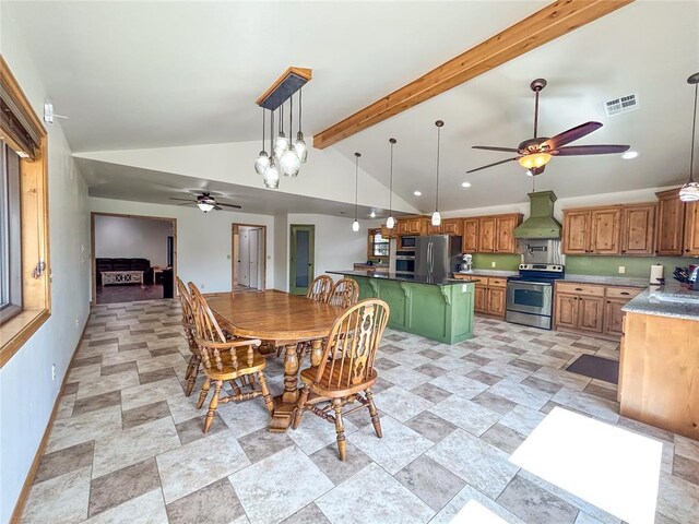 1016 Canyon Ridge Rd, Clinton, OK 73601 - dining room with stone finish flooring, ceiling fan, lofted ceiling with beams, visible vents, and recessed lighting