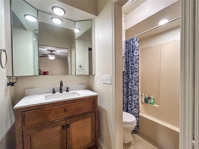 1016 Canyon Ridge Rd, Clinton, OK 73601 - full bathroom featuring tile patterned floors, shower / bathtub combination with curtain, ceiling fan, toilet, and vanity