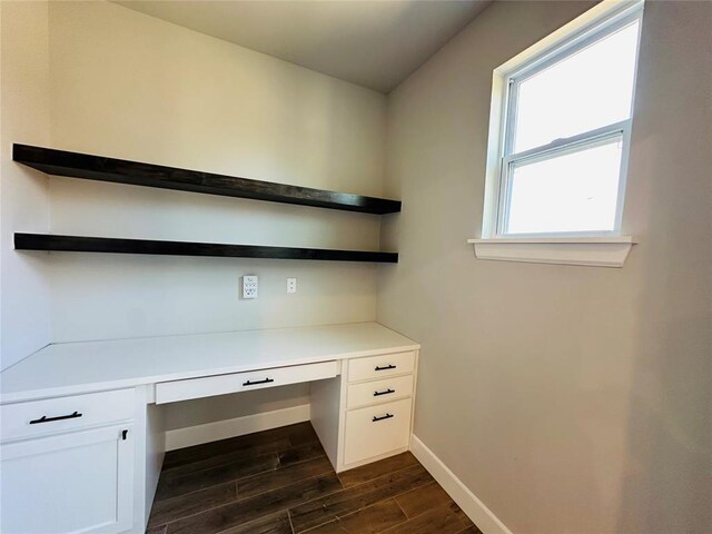 1221 SW 141st St, Oklahoma City, OK 73170 - unfurnished office featuring built in desk, dark wood-type flooring, and baseboards