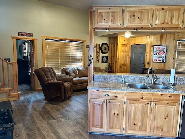 713 Whispering Water Dr, Fort Cobb, OK 73038 - kitchen featuring light stone countertops, dark wood-type flooring, light brown cabinetry, a sink, and open floor plan