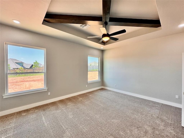 10116 NW 100th St, Yukon, OK 73099 - carpeted empty room featuring a ceiling fan, beam ceiling, recessed lighting, a raised ceiling, and coffered ceiling