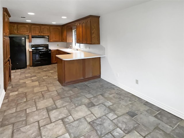 3708 Teresa Dr, Moore, OK 73160 - kitchen featuring black appliances, under cabinet range hood, a peninsula, light countertops, and brown cabinetry