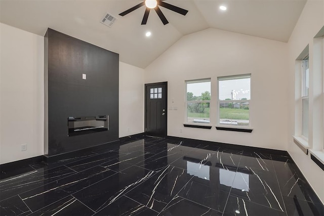 528 NW 112th St, Oklahoma City, OK 73114 - foyer entrance featuring dark marble finish flooring, ceiling fan, recessed lighting, and high vaulted ceiling
