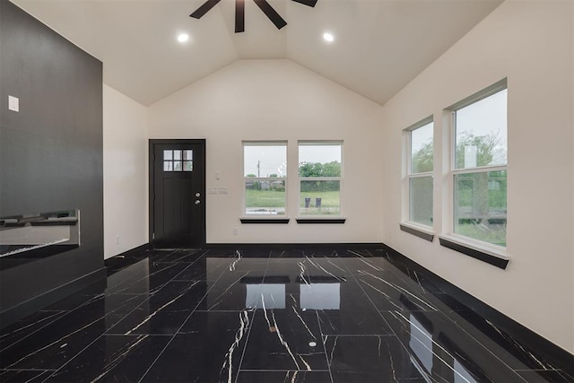 528 NW 112th St, Oklahoma City, OK 73114 - foyer entrance with a ceiling fan, marble tiled floors, healthy amount of natural light, recessed lighting, and vaulted ceiling