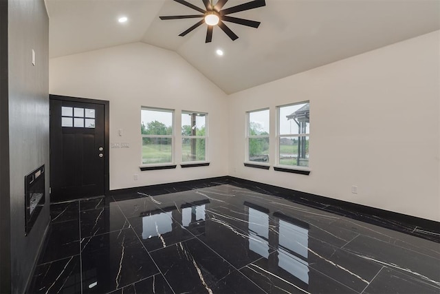 528 NW 112th St, Oklahoma City, OK 73114 - entryway featuring marble tiled flooring, a ceiling fan, vaulted ceiling, and recessed lighting