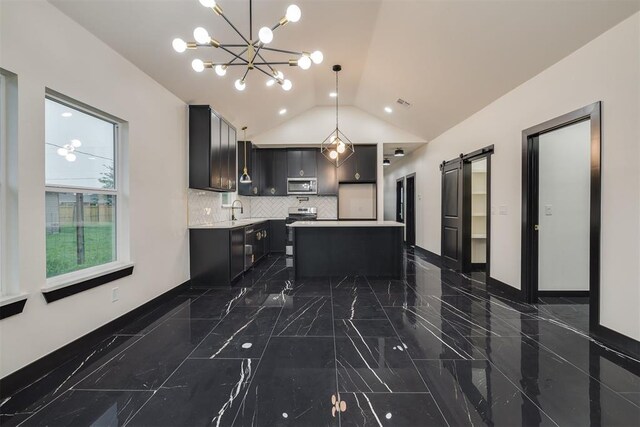 528 NW 112th St, Oklahoma City, OK 73114 - kitchen with stainless steel appliances, dark marble finish floors, lofted ceiling, light countertops, and a sink
