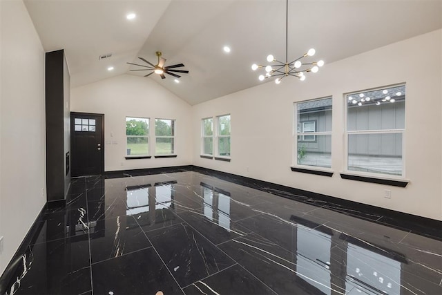 528 NW 112th St, Oklahoma City, OK 73114 - unfurnished living room with marble tiled flooring, a chandelier, a ceiling fan, baseboards, and high vaulted ceiling