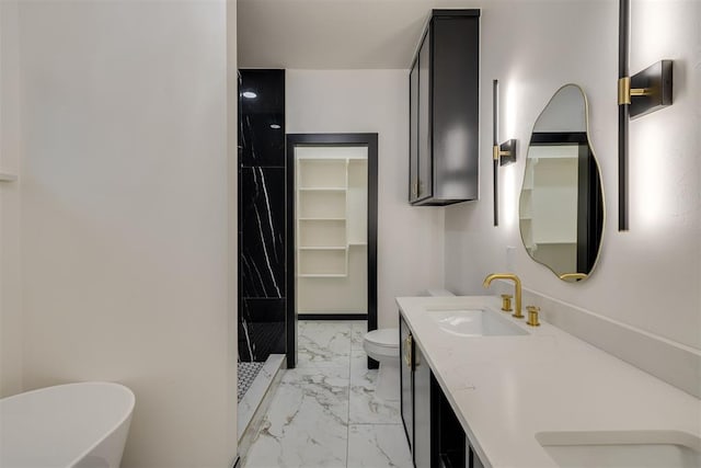 528 NW 112th St, Oklahoma City, OK 73114 - bathroom featuring marble finish floors, toilet, a tile shower, double vanity, and a freestanding bath