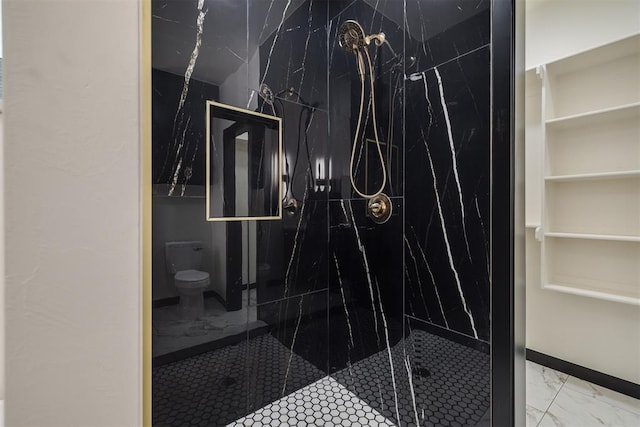 528 NW 112th St, Oklahoma City, OK 73114 - full bath featuring marble look tiles, a marble finish shower, and toilet