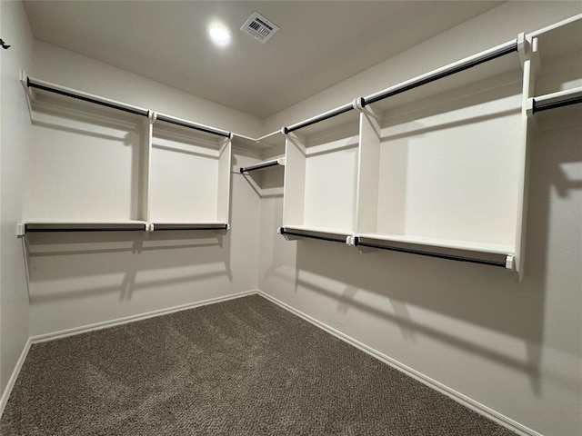 spacious closet featuring dark colored carpet and visible vents