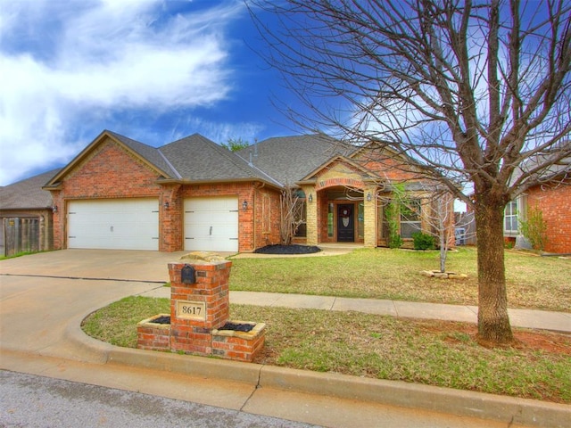 8617 NW 113th Ct, Oklahoma City, OK 73162 - view of front facade featuring brick siding, an attached garage, a front yard, driveway, and roof with shingles